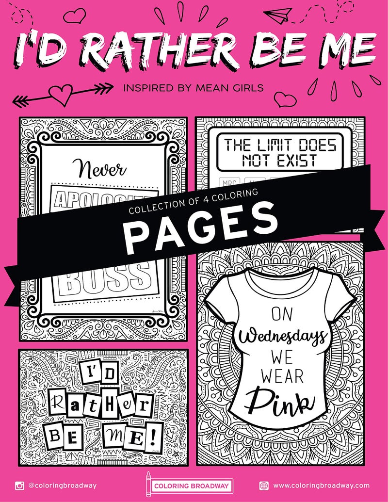 Coloring Broadway - Mean Girls inspired Coloring Pages (Set of 4) â€œIâ€™d Rather Be Meâ€ Collection, Broadway Musical Merchandise, Card Stock (8 1/2â€ x 11â€), Ideal Gift for a Broadway Theater Lover - Image 1